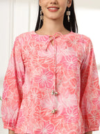 Yufta Pink Printed Cotton Peplum Top | Grocsy