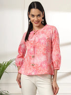 Yufta Pink Printed Cotton Peplum Top | Grocsy