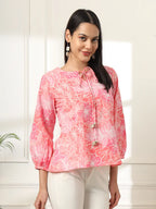 Yufta Pink Printed Cotton Peplum Top | Grocsy