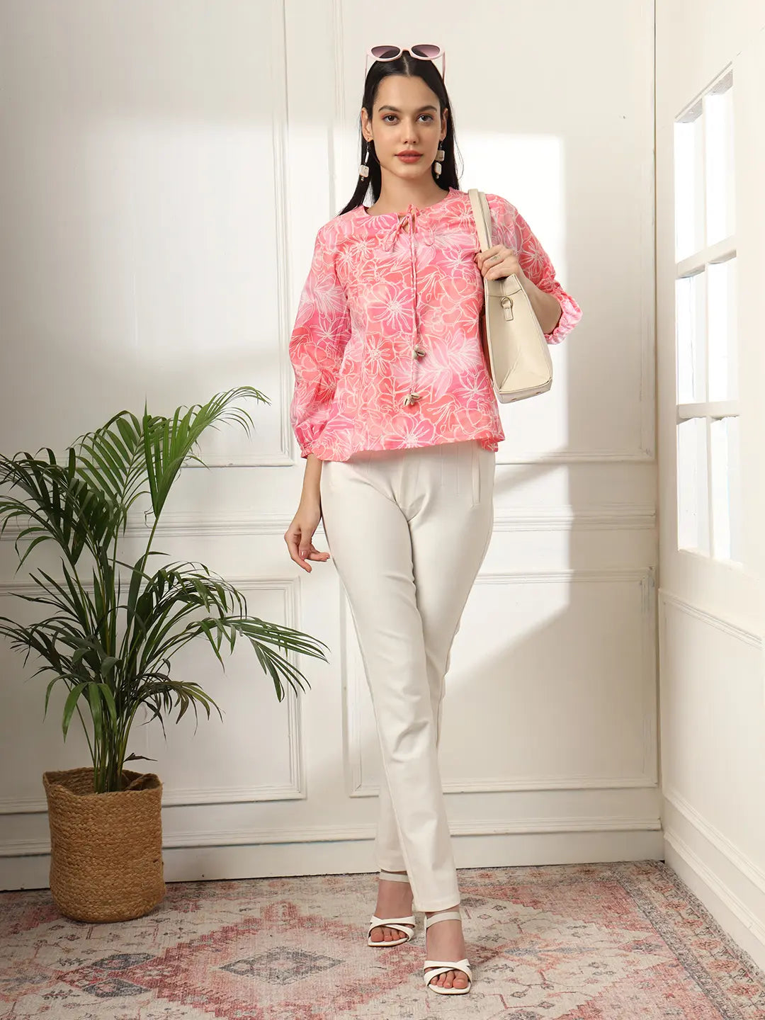 Yufta Pink Printed Cotton Peplum Top | Grocsy