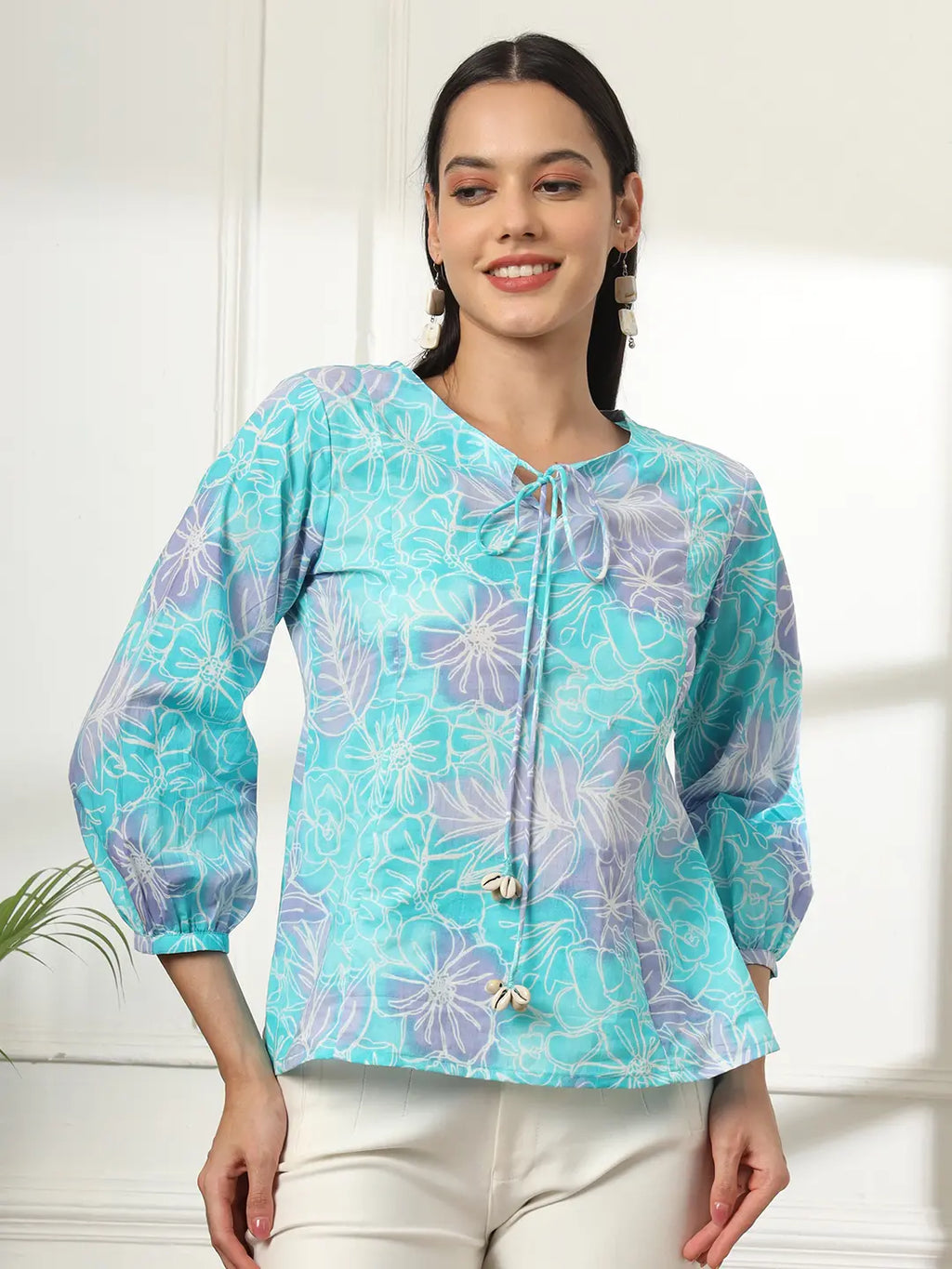 Yufta Sky Blue Printed Cotton Peplum Top | Grocsy