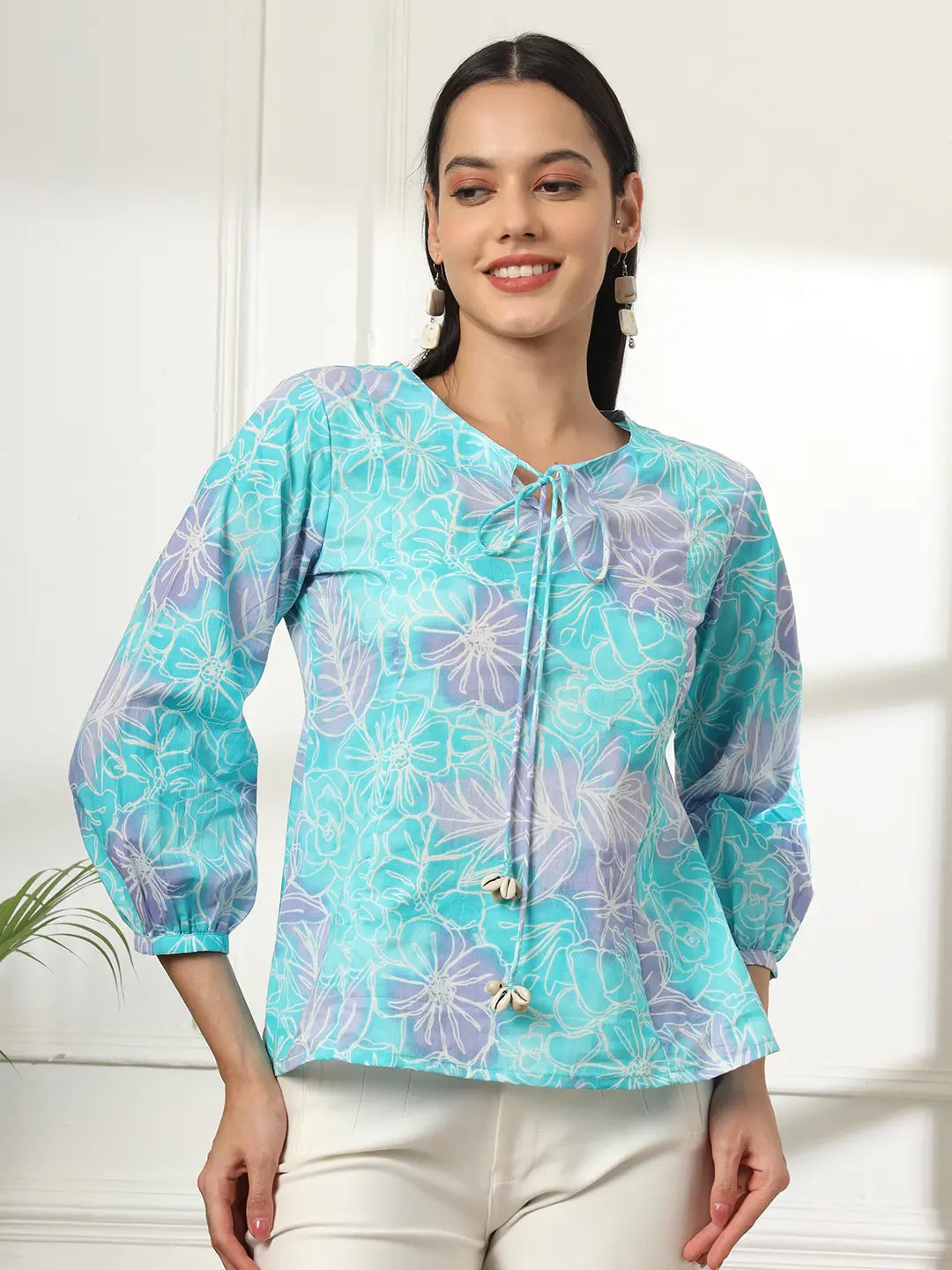 Yufta Sky Blue Printed Cotton Peplum Top | Grocsy