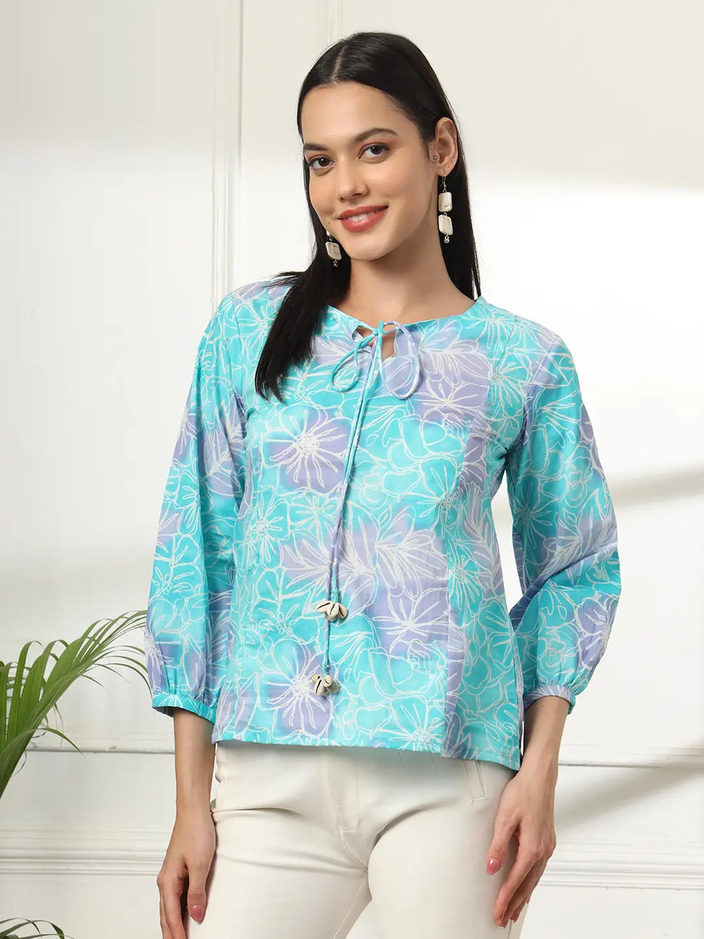 Yufta Sky Blue Printed Cotton Peplum Top | Grocsy