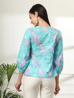 Yufta Sky Blue Printed Cotton Peplum Top | Grocsy