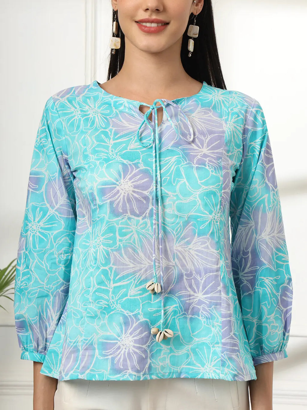 Yufta Sky Blue Printed Cotton Peplum Top | Grocsy