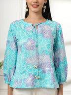 Yufta Sky Blue Printed Cotton Peplum Top | Grocsy