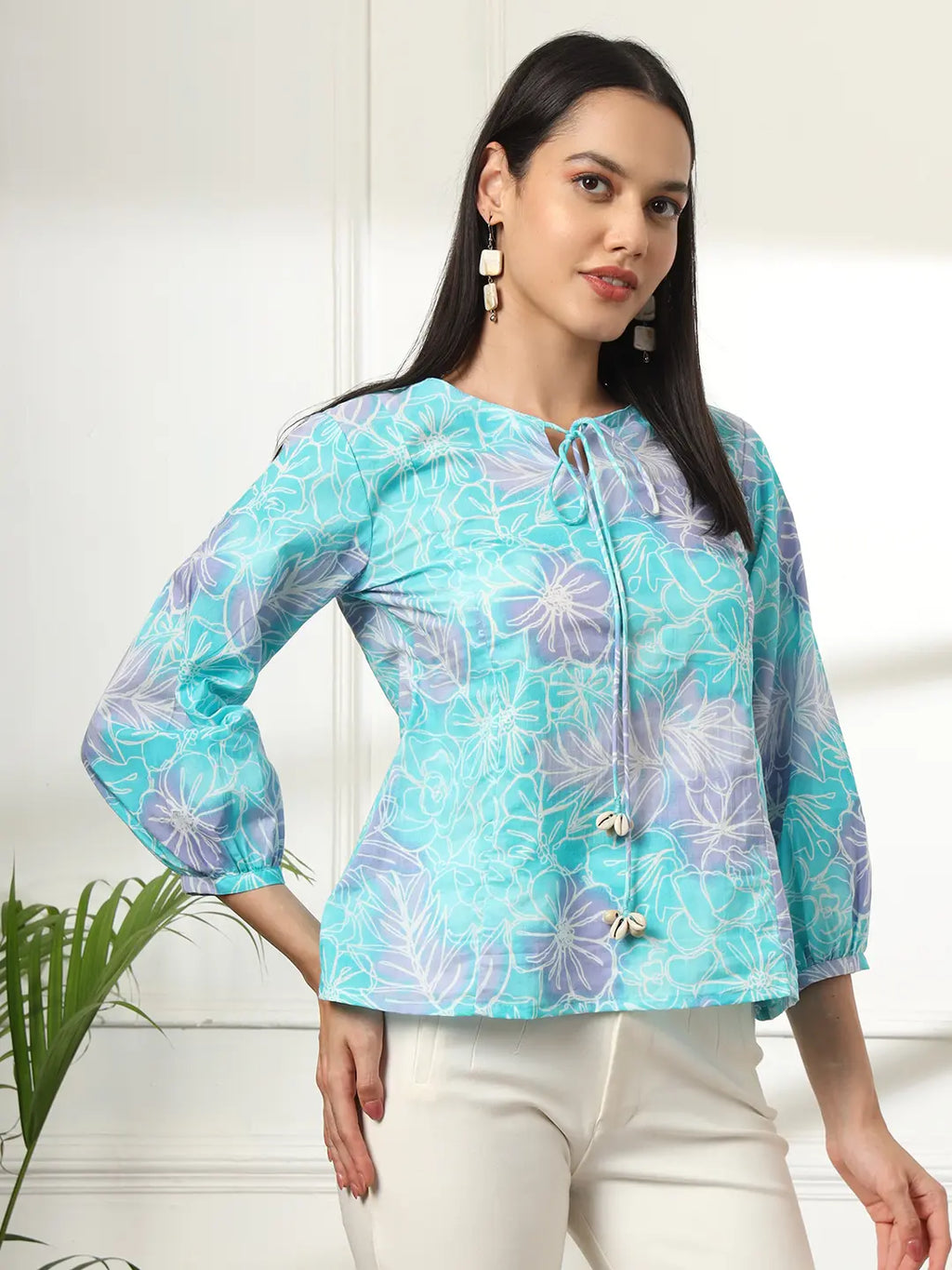 Yufta Sky Blue Printed Cotton Peplum Top | Grocsy