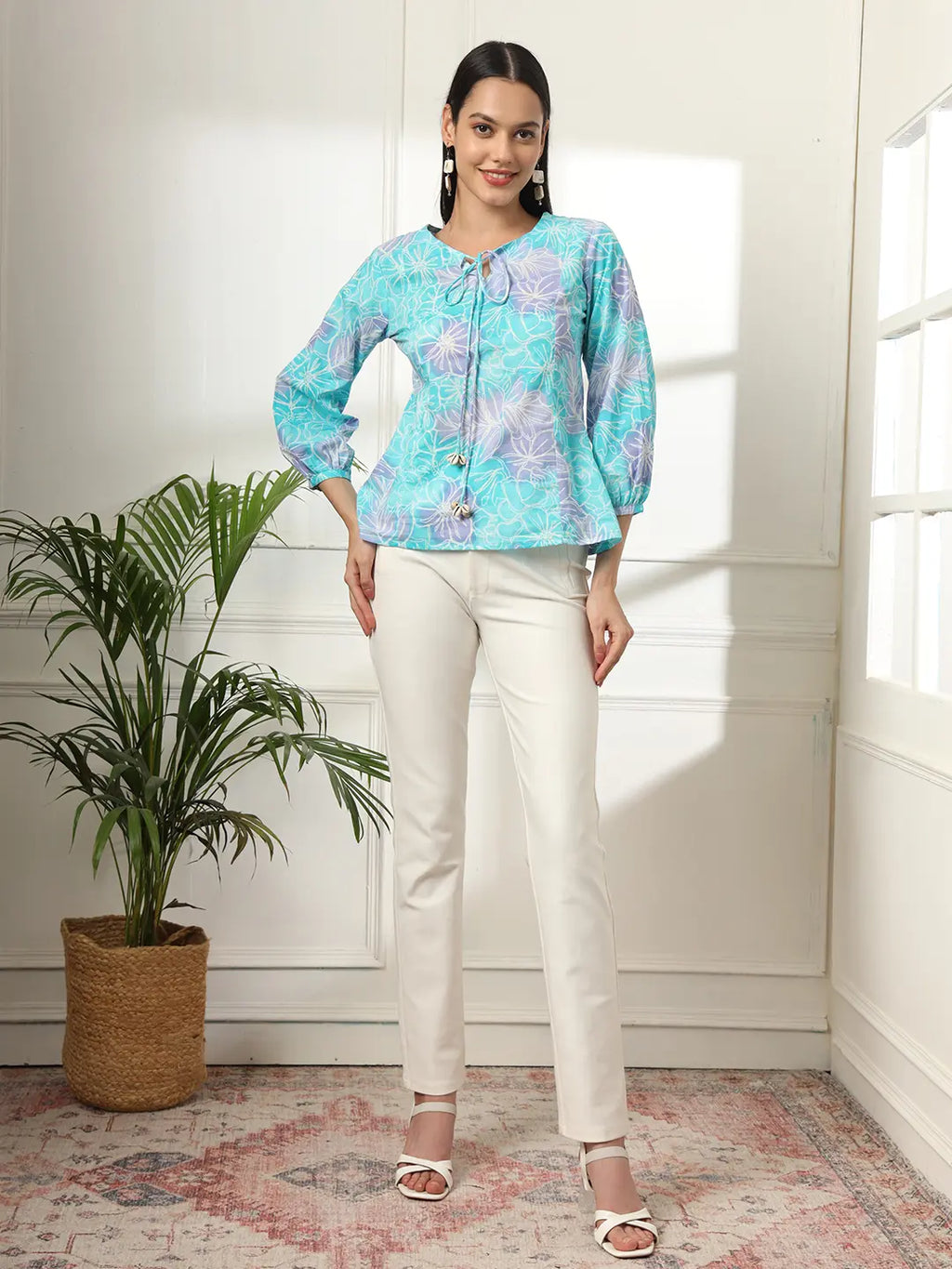 Yufta Sky Blue Printed Cotton Peplum Top | Grocsy