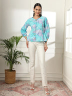 Yufta Sky Blue Printed Cotton Peplum Top | Grocsy