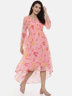 Souchii Pink Floral Printed A-Line Dress For Women | Grocsy