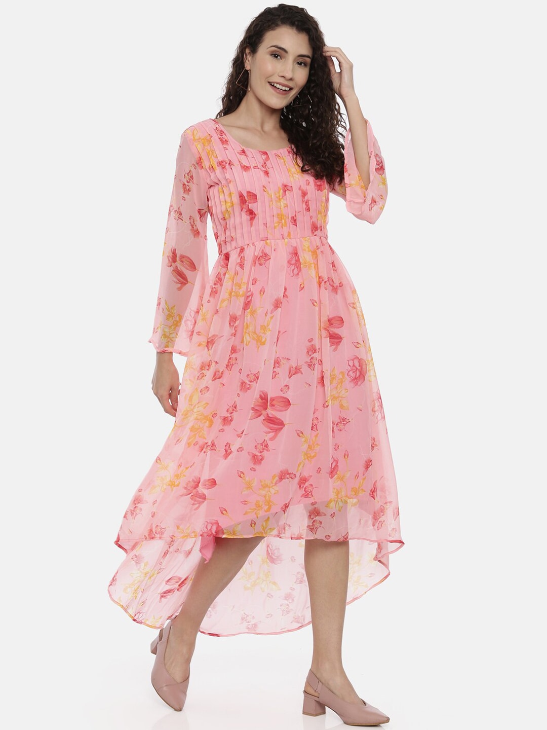 Souchii Pink Floral Printed A-Line Dress For Women | Grocsy