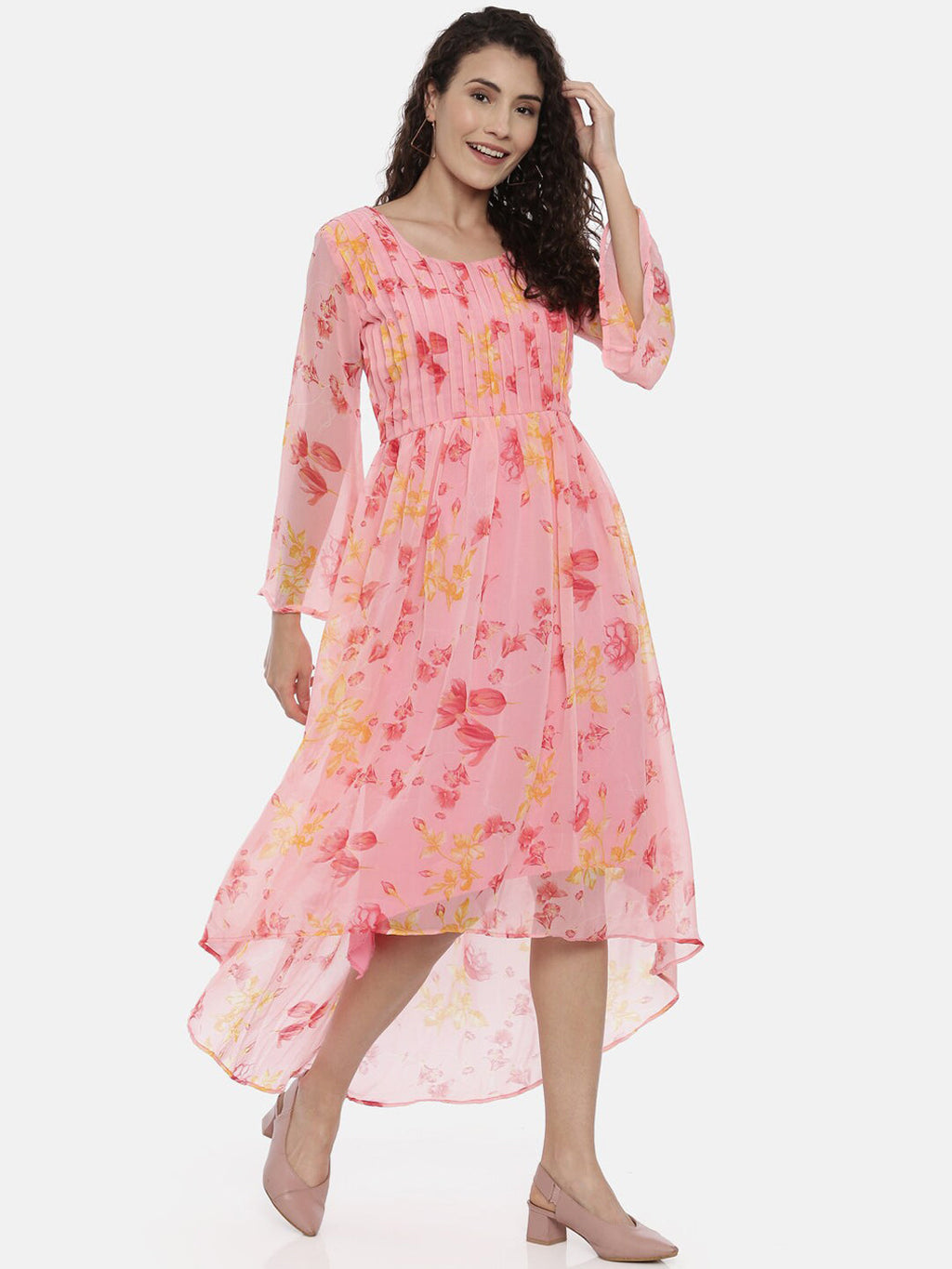 Souchii Women Beautiful Pink Floral Printed A-Line Dress | Grocsy