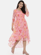 Souchii Women Beautiful Pink Floral Printed A-Line Dress | Grocsy