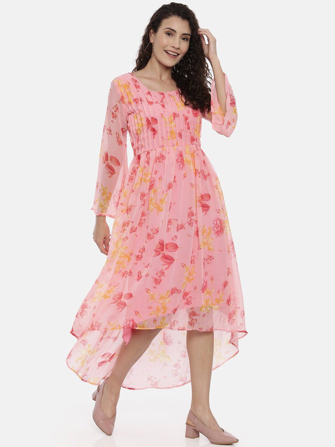 Souchii Women Beautiful Pink Floral Printed A-Line Dress | Grocsy