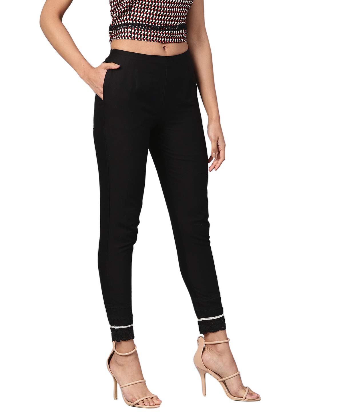 Juniper Women's Black Solid Cotton Flex Straight Fit Pants With Lace & Gota Work | Grocsy