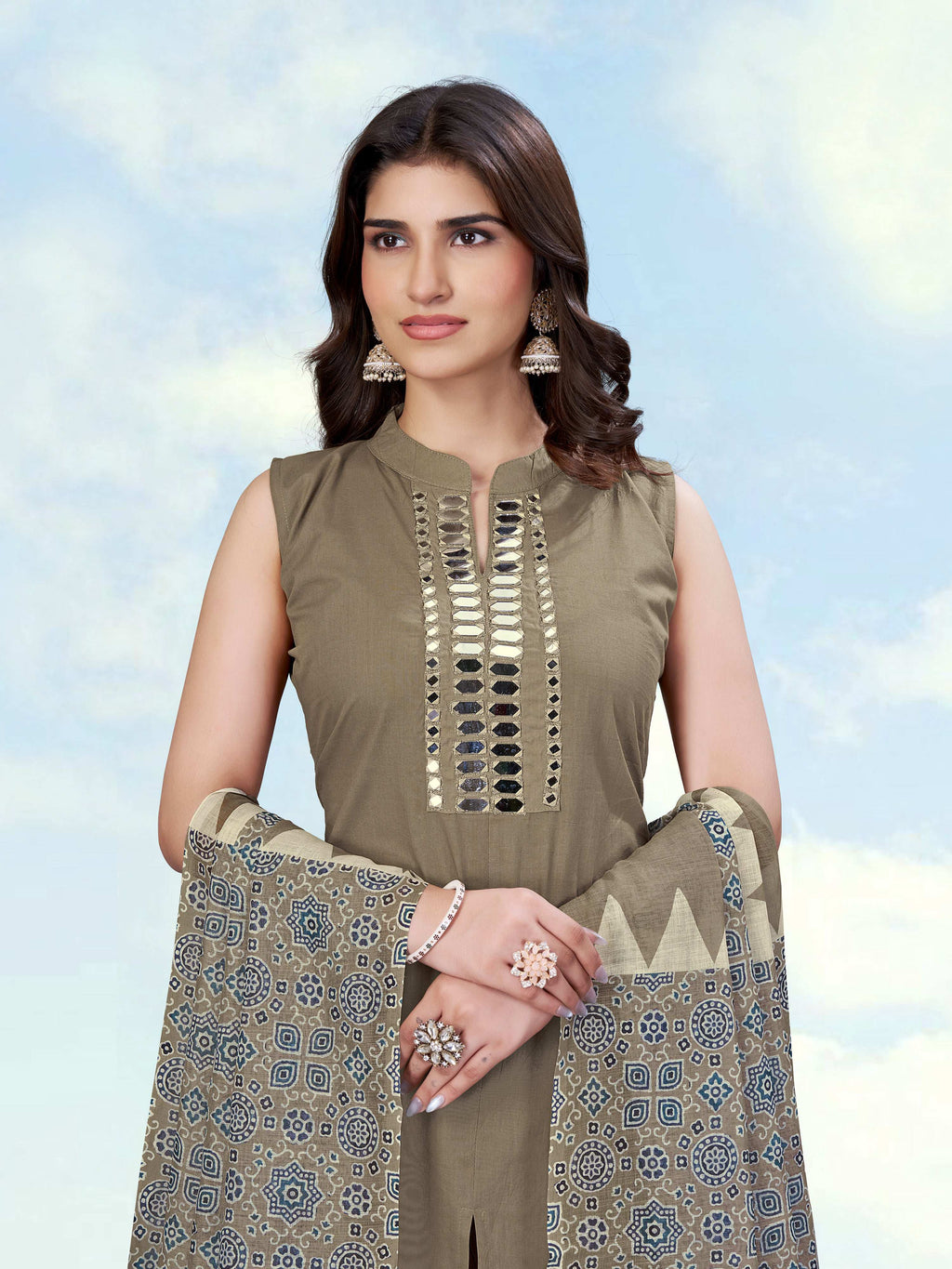 Monjolika Fashion Dark Beige Color Cotton Blend Mirror Work Kurta Pair | Grocsy