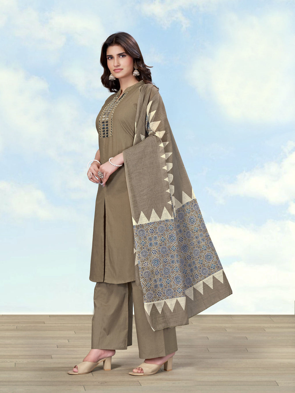 Monjolika Fashion Dark Beige Color Cotton Blend Mirror Work Kurta Pair | Grocsy