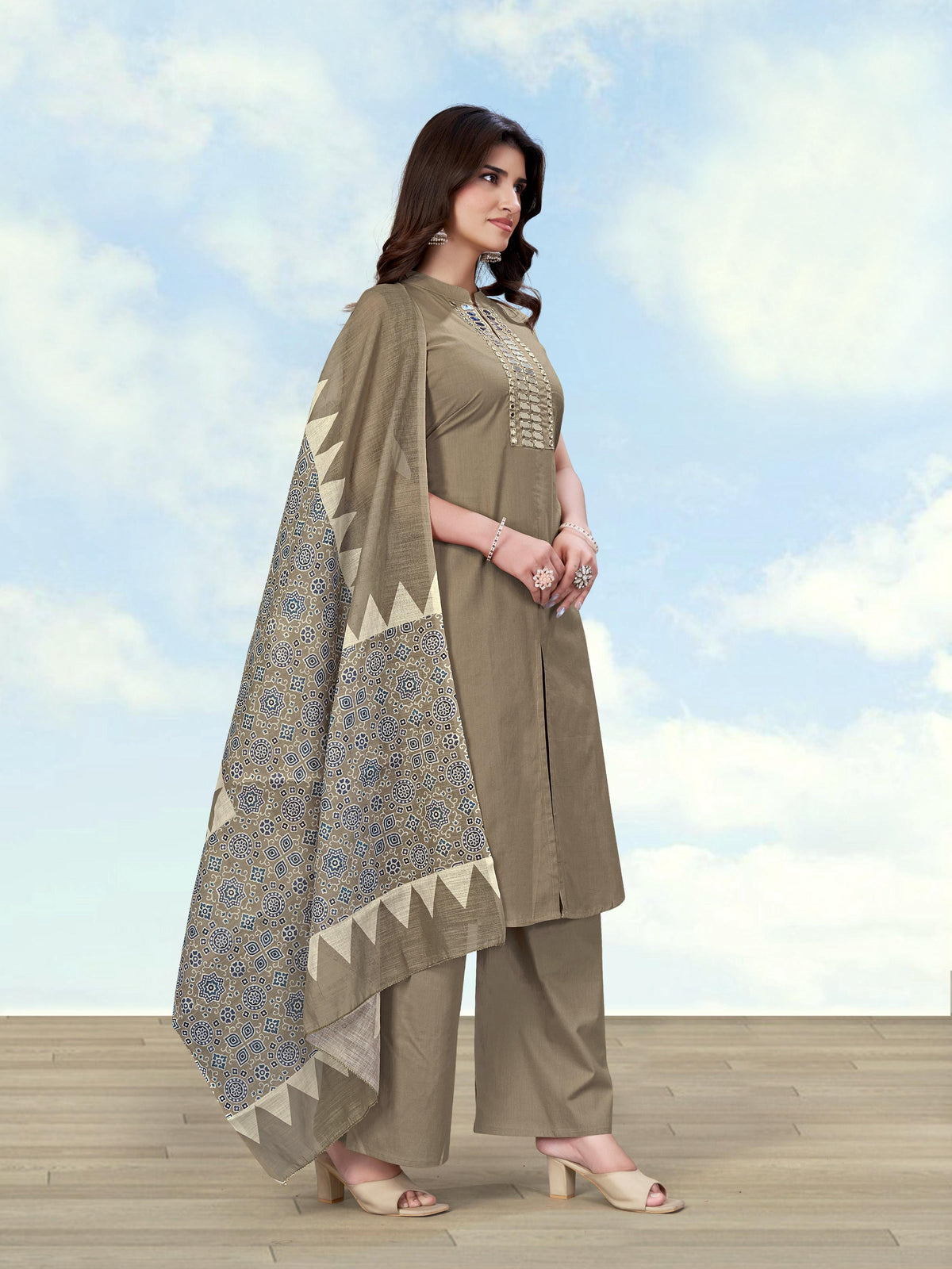 Monjolika Fashion Dark Beige Color Cotton Blend Mirror Work Kurta Pair | Grocsy
