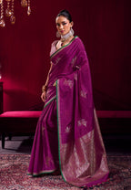 Monjolika Fashion Dark Magenta Satin Linen Handloom Weaving Silk Saree | Grocsy