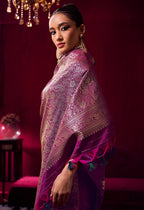 Monjolika Fashion Dark Magenta Satin Linen Handloom Weaving Silk Saree | Grocsy
