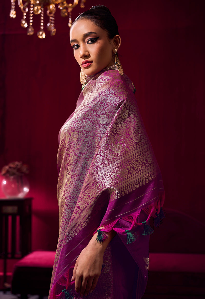 Monjolika Fashion Dark Magenta Satin Linen Handloom Weaving Silk Saree | Grocsy