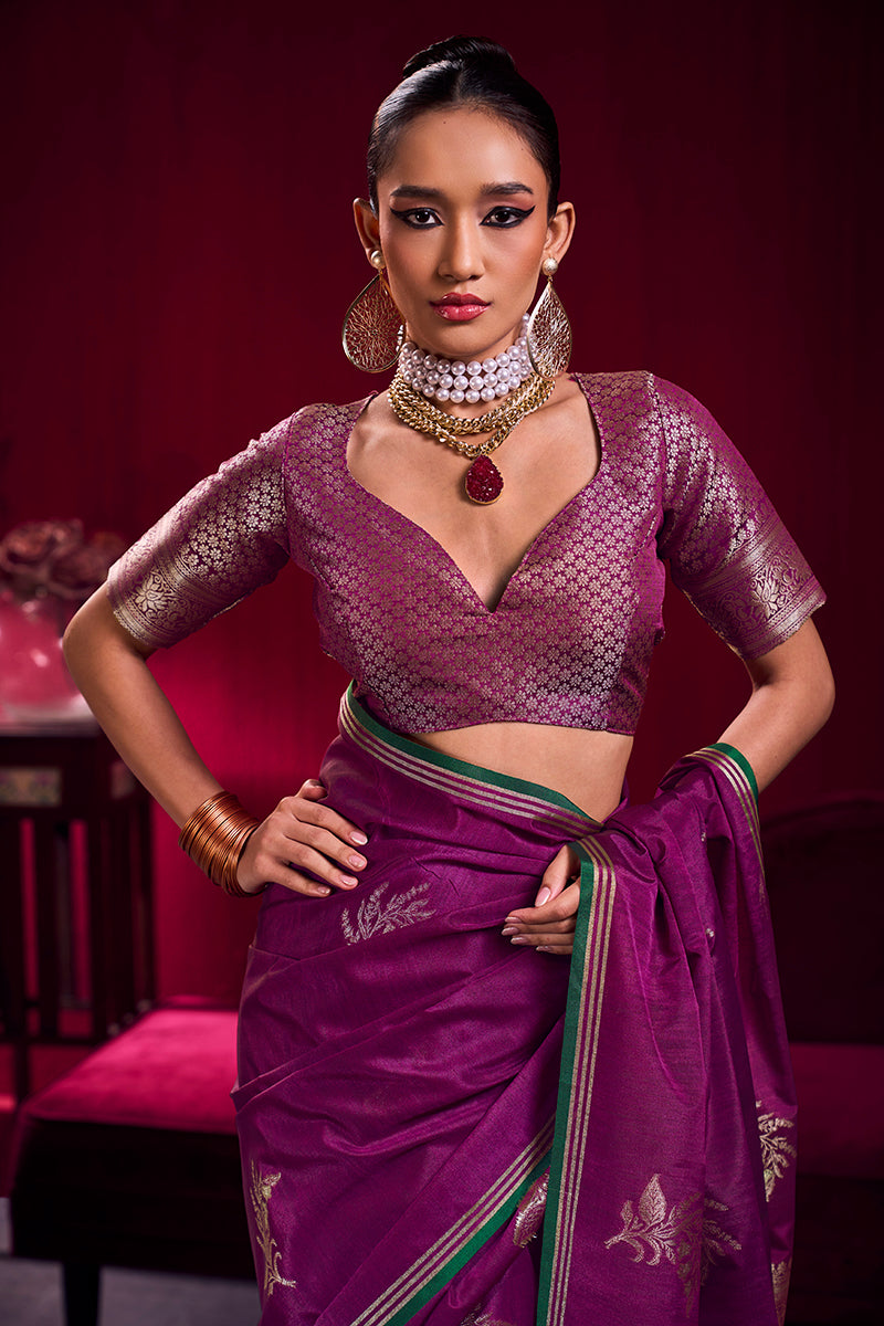 Monjolika Fashion Dark Magenta Satin Linen Handloom Weaving Silk Saree | Grocsy