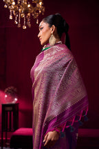 Monjolika Fashion Dark Magenta Satin Linen Handloom Weaving Silk Saree | Grocsy