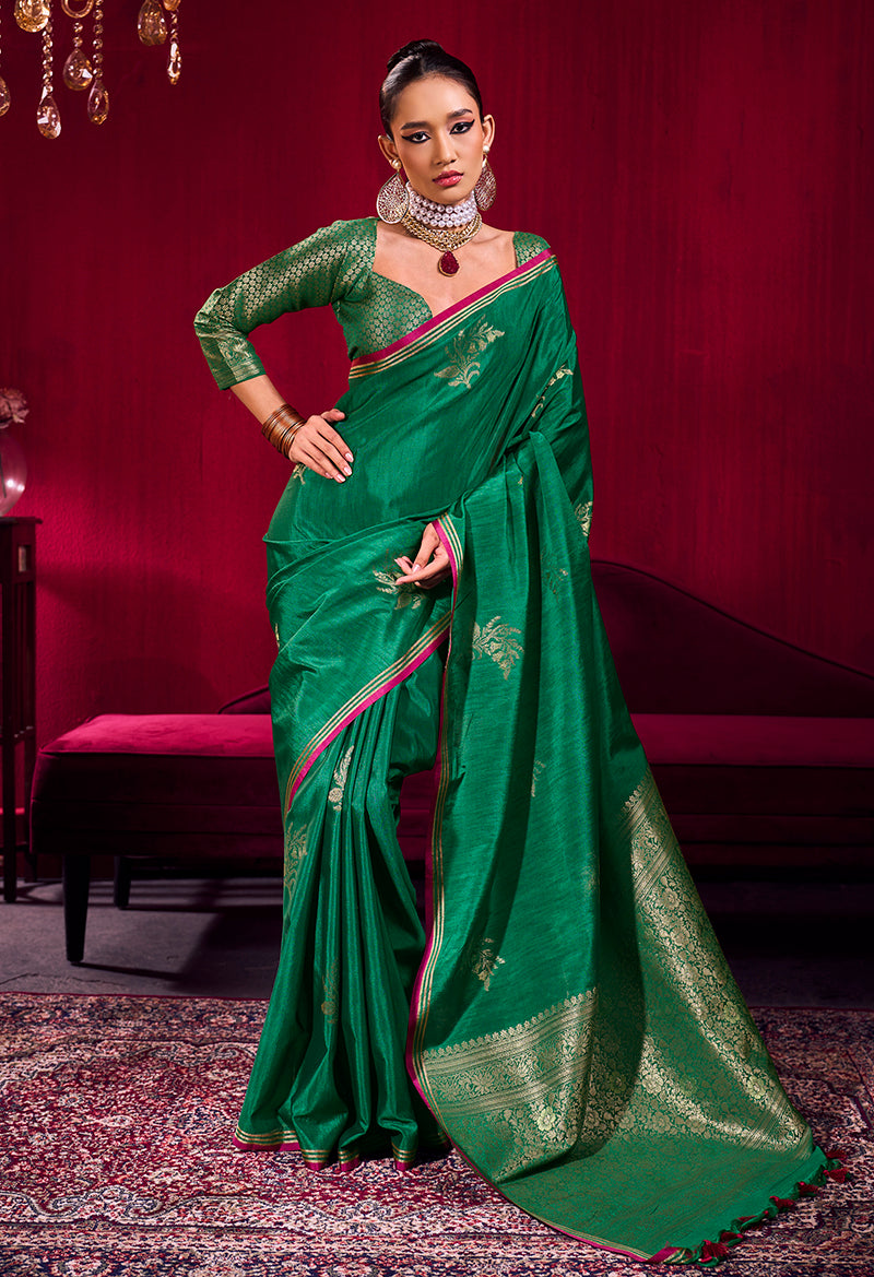 Monjolika Fashion Dark Green Satin Linen Handloom Weaving Silk Saree | Grocsy