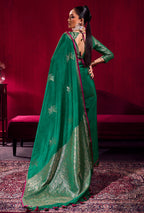 Monjolika Fashion Dark Green Satin Linen Handloom Weaving Silk Saree | Grocsy