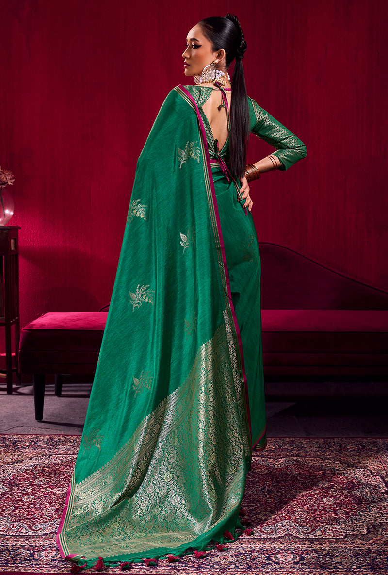 Monjolika Fashion Dark Green Satin Linen Handloom Weaving Silk Saree | Grocsy
