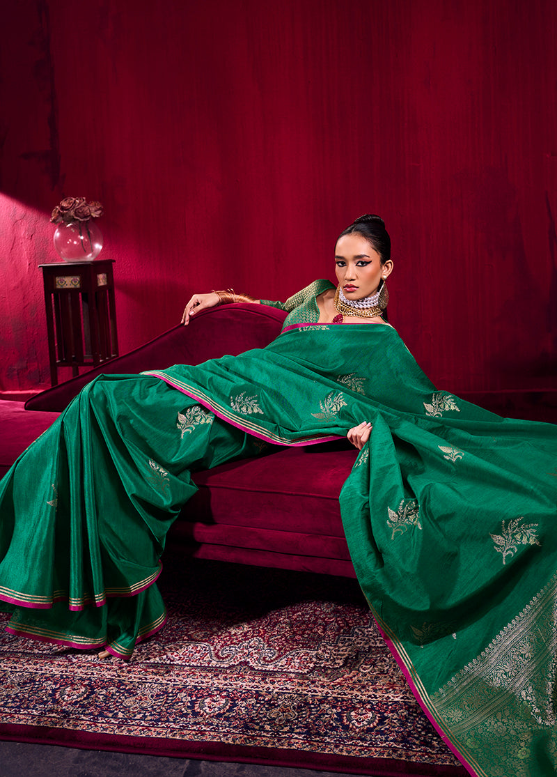Monjolika Fashion Dark Green Satin Linen Handloom Weaving Silk Saree | Grocsy