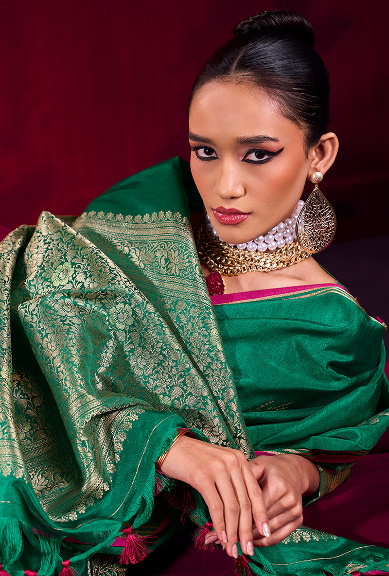Monjolika Fashion Dark Green Satin Linen Handloom Weaving Silk Saree | Grocsy