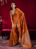 Monjolika Fashion Rust Satin Linen Handloom Weaving Silk Saree | Grocsy