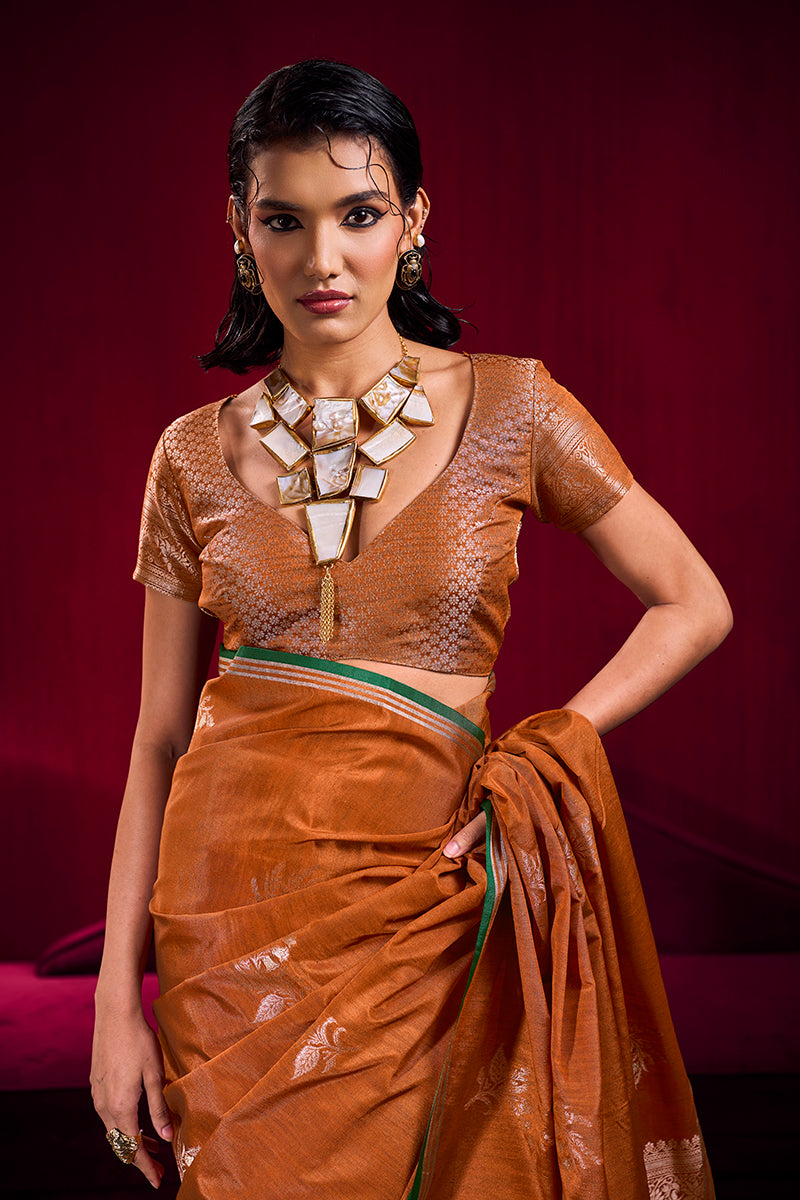 Monjolika Fashion Rust Satin Linen Handloom Weaving Silk Saree | Grocsy
