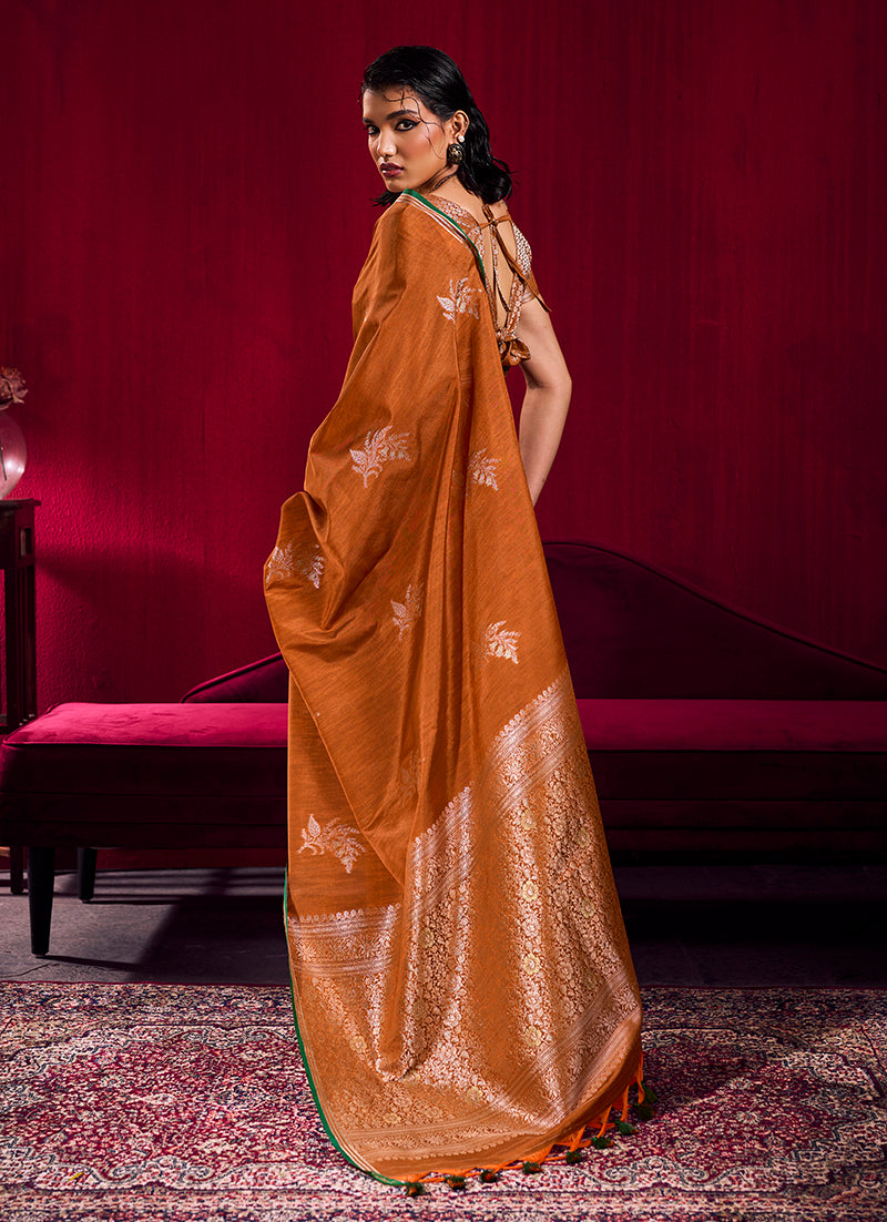 Monjolika Fashion Rust Satin Linen Handloom Weaving Silk Saree | Grocsy