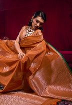 Monjolika Fashion Rust Satin Linen Handloom Weaving Silk Saree | Grocsy