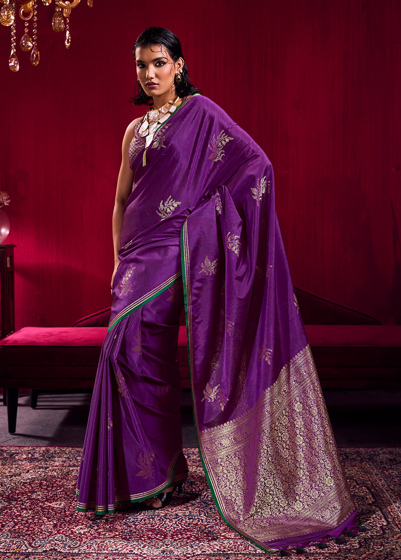 Monjolika Fashion Purple Satin Linen Handloom Weaving Silk Saree | Grocsy
