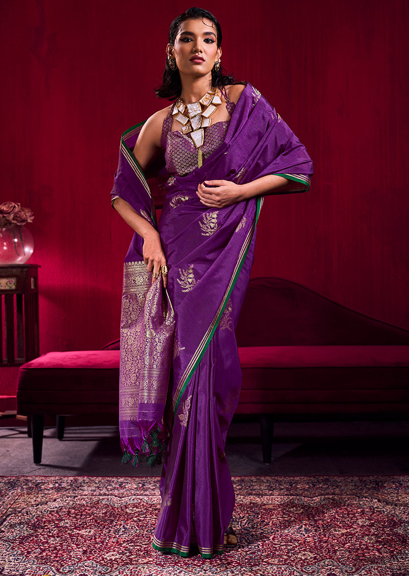 Monjolika Fashion Purple Satin Linen Handloom Weaving Silk Saree | Grocsy