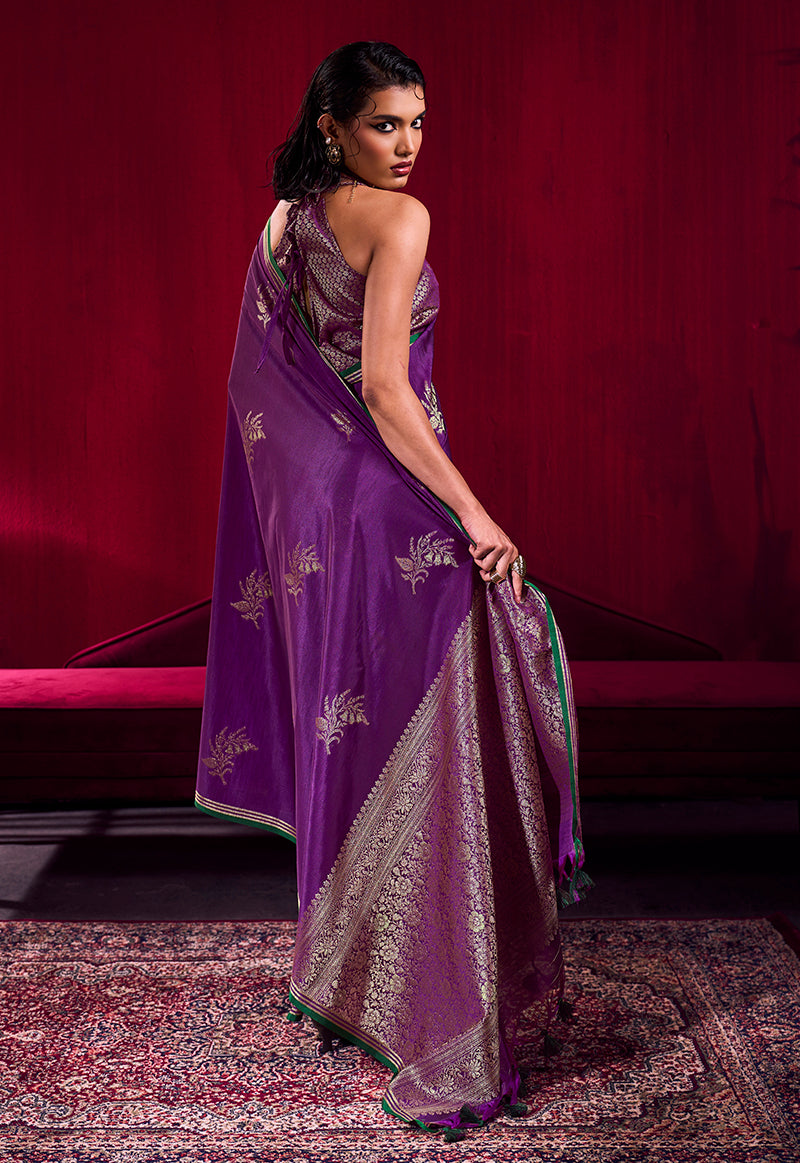 Monjolika Fashion Purple Satin Linen Handloom Weaving Silk Saree | Grocsy