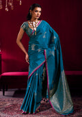 Monjolika Fashion Teal Blue Satin Linen Handloom Weaving Silk Saree | Grocsy