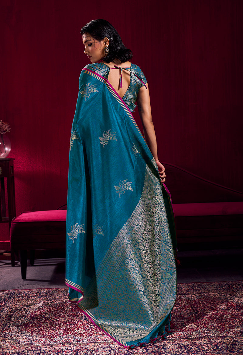 Monjolika Fashion Teal Blue Satin Linen Handloom Weaving Silk Saree | Grocsy