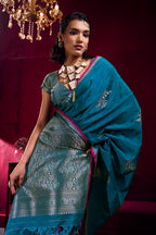Monjolika Fashion Teal Blue Satin Linen Handloom Weaving Silk Saree | Grocsy