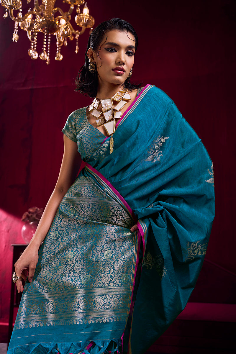 Monjolika Fashion Teal Blue Satin Linen Handloom Weaving Silk Saree | Grocsy