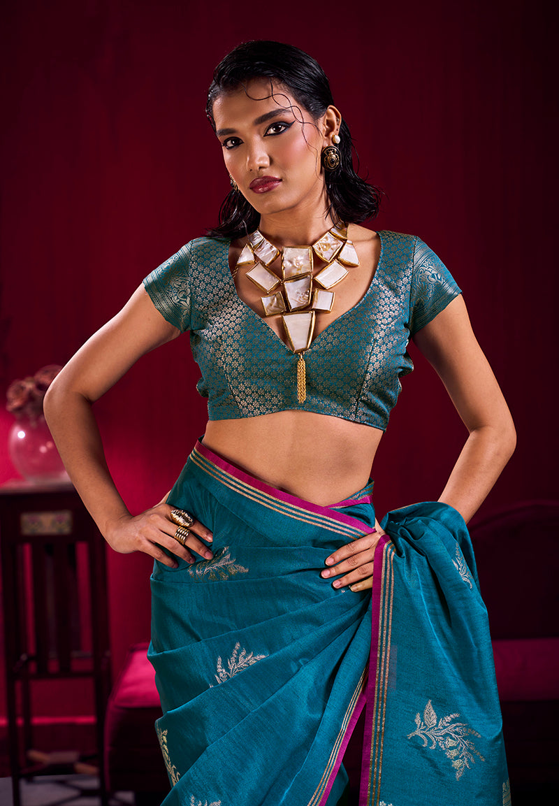 Monjolika Fashion Teal Blue Satin Linen Handloom Weaving Silk Saree | Grocsy