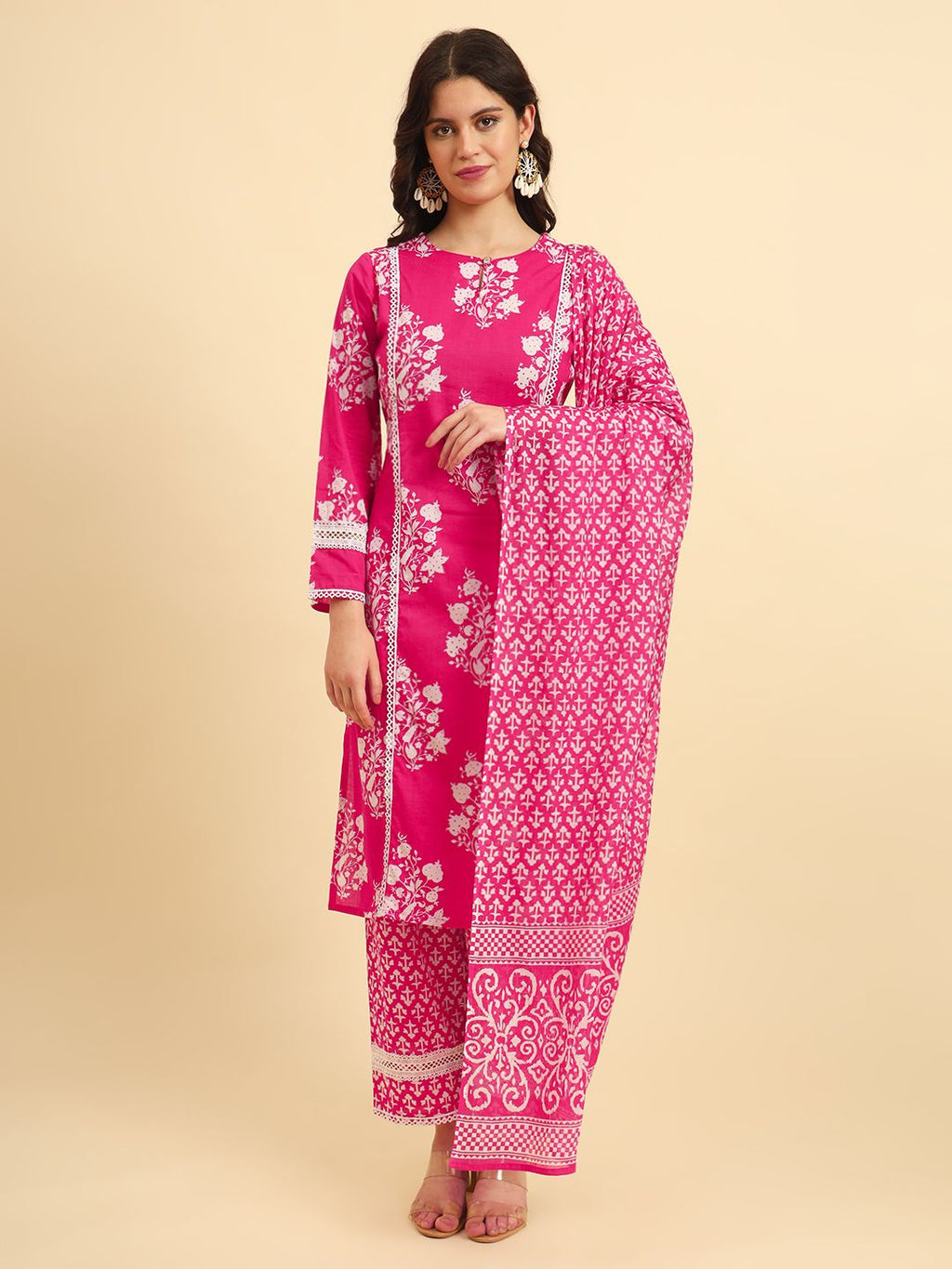 Yufta Pink Pure Cotton Floral printed Kurta With Trousers Dupatta Set | Grocsy