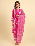 Yufta Pink Pure Cotton Floral printed Kurta With Trousers Dupatta Set | Grocsy