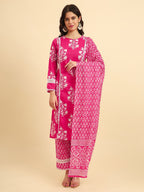 Yufta Pink Pure Cotton Floral printed Kurta With Trousers Dupatta Set | Grocsy