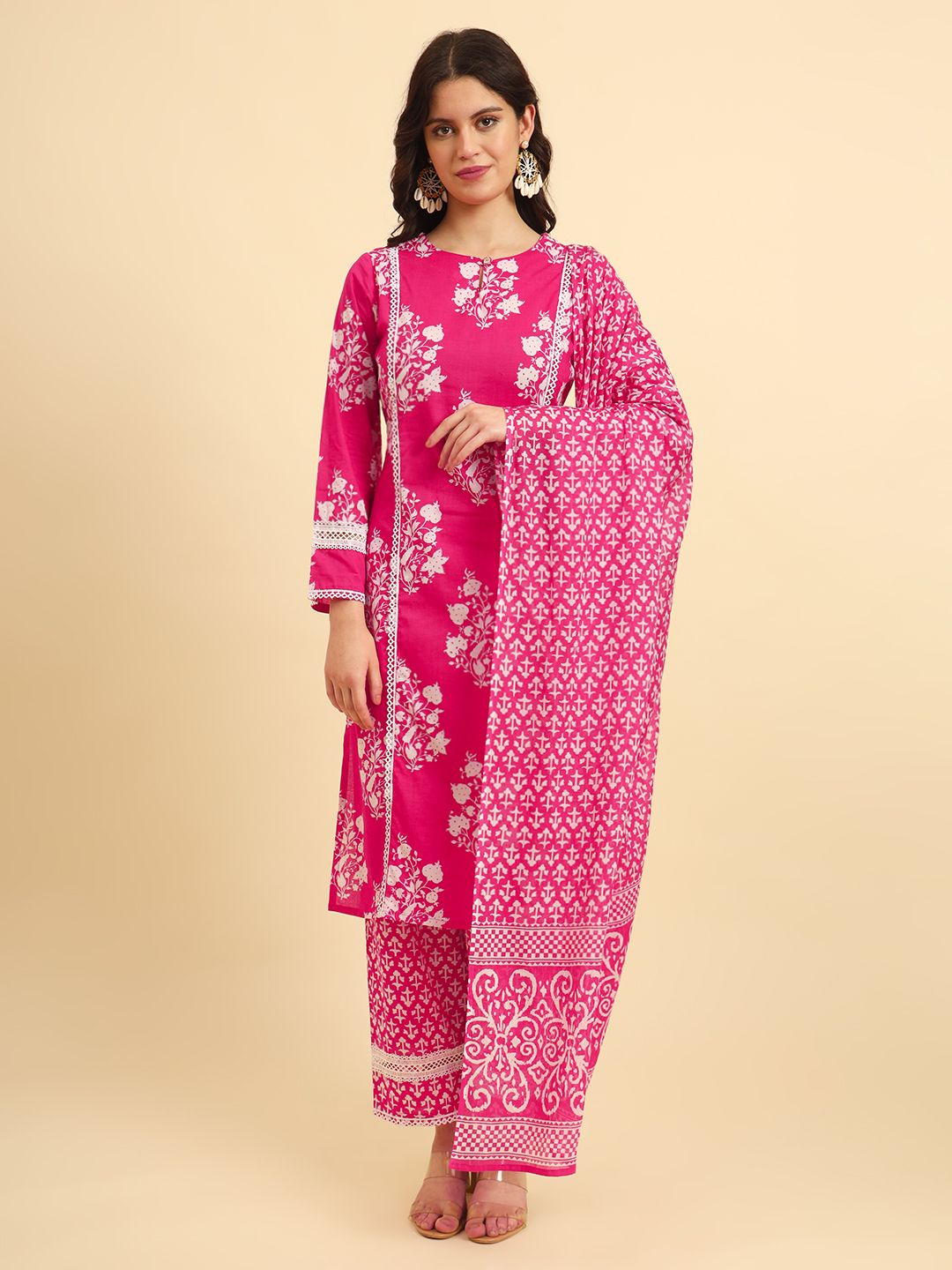 Yufta Pink Pure Cotton Floral printed Kurta With Trousers Dupatta Set | Grocsy