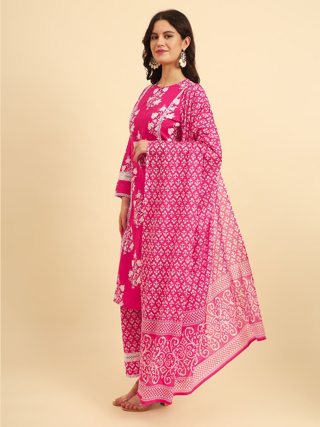 Yufta Pink Pure Cotton Floral printed Kurta With Trousers Dupatta Set | Grocsy