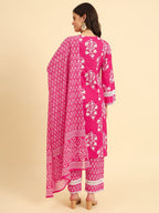 Yufta Pink Pure Cotton Floral printed Kurta With Trousers Dupatta Set | Grocsy
